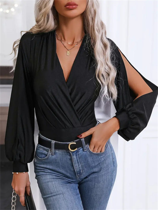 Surplice Slit Long Sleeve Bodysuit